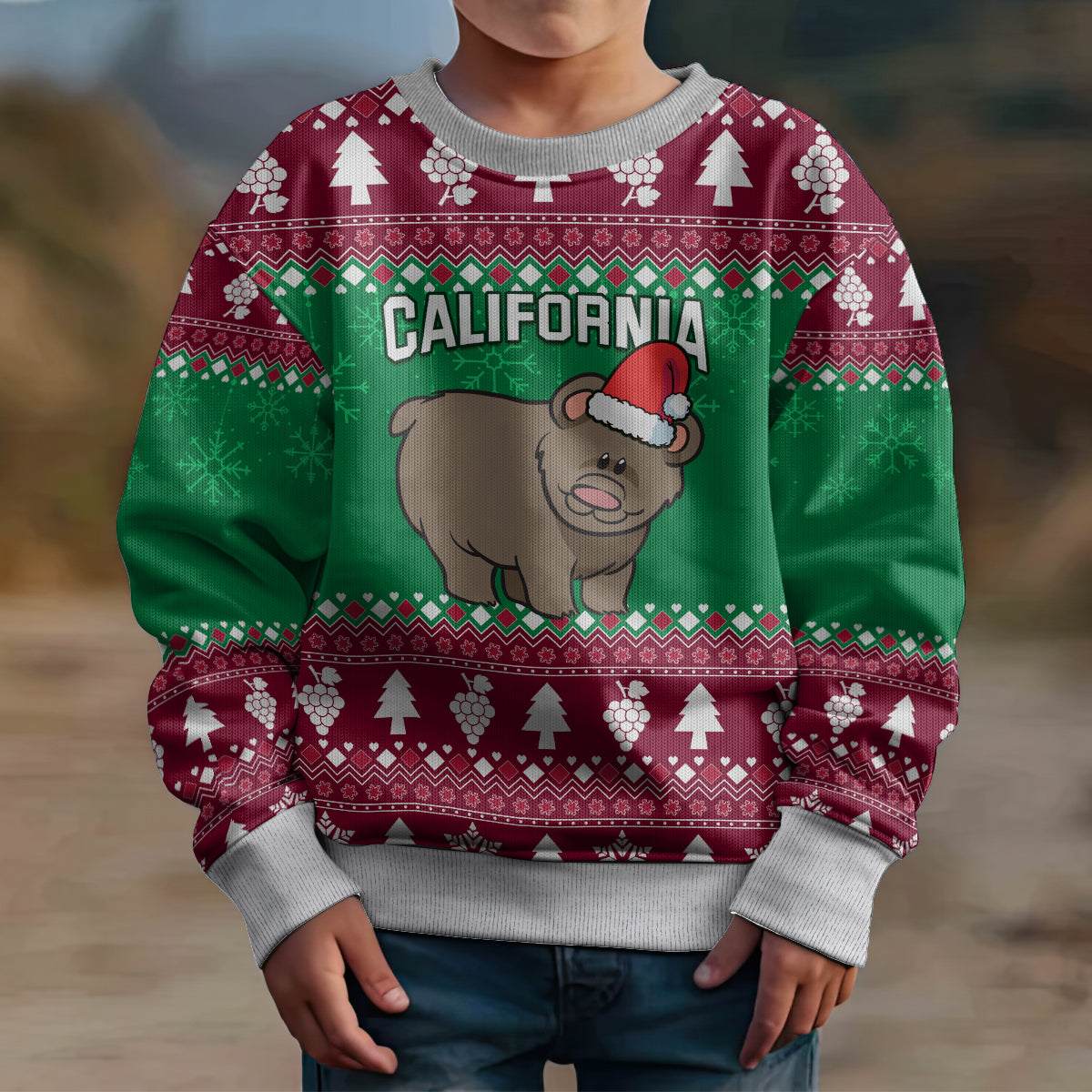 Custom California Christmas Kid Ugly Christmas Sweater Santa Grizzly Bear With Grape - Wonder Print Shop