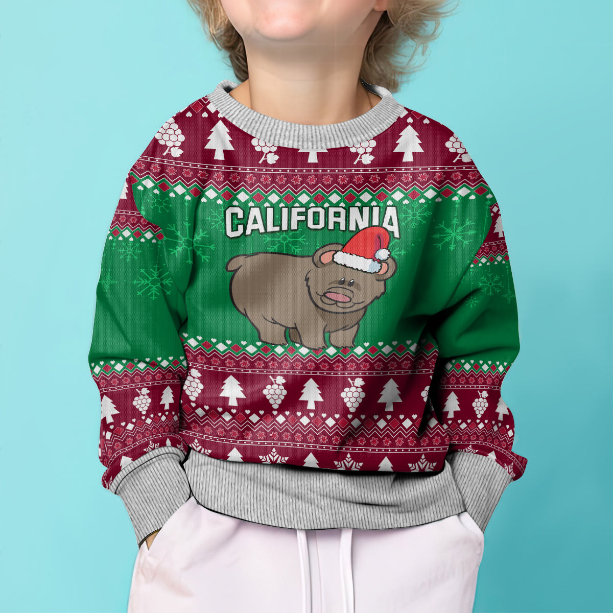 Custom California Christmas Kid Ugly Christmas Sweater Santa Grizzly Bear With Grape - Wonder Print Shop
