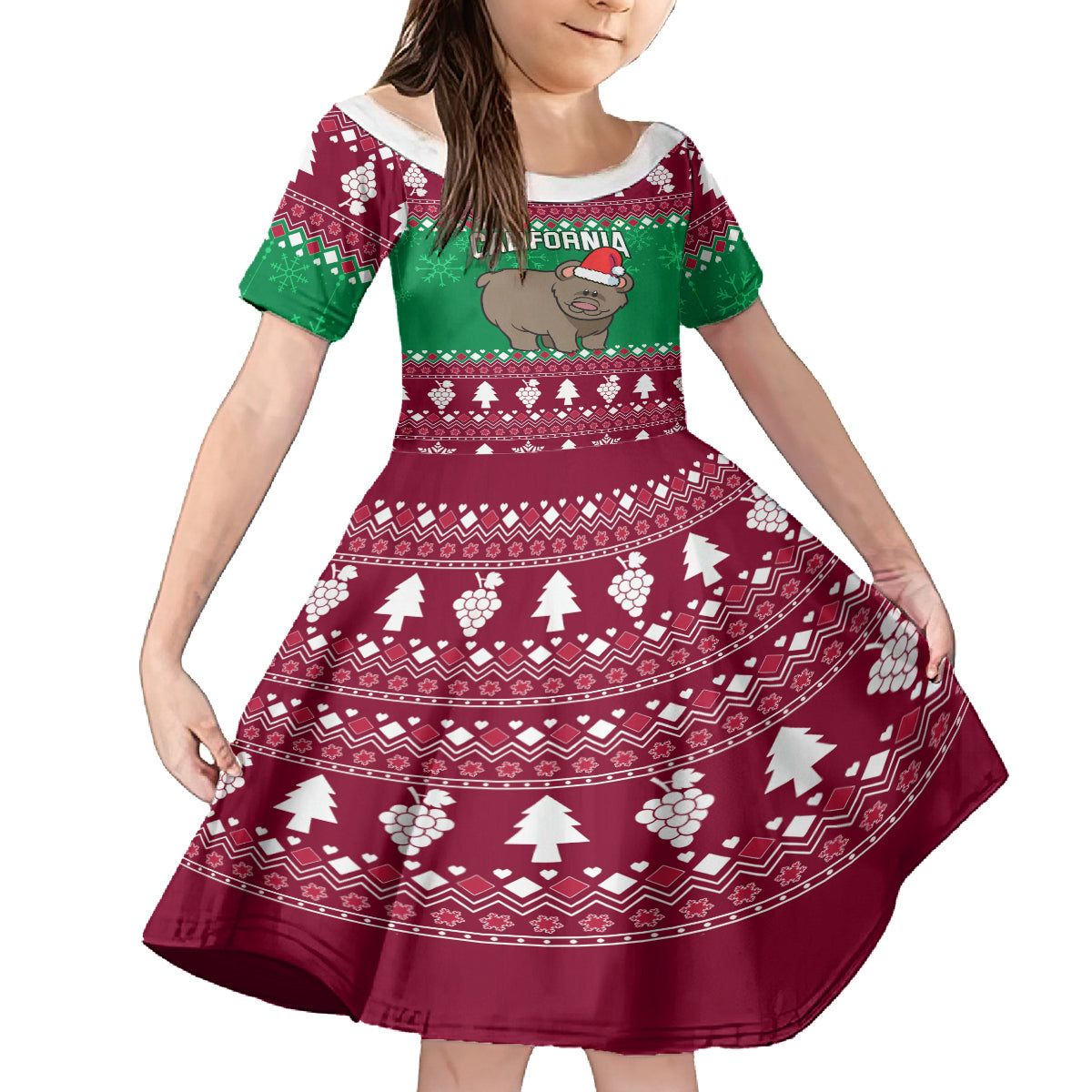 Custom California Christmas Kid Short Sleeve Dress Santa Grizzly Bear With Grape - Wonder Print Shop