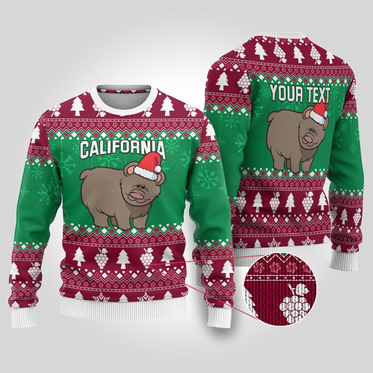 Custom California Christmas Ugly Christmas Sweater Santa Grizzly Bear With Grape - Wonder Print Shop
