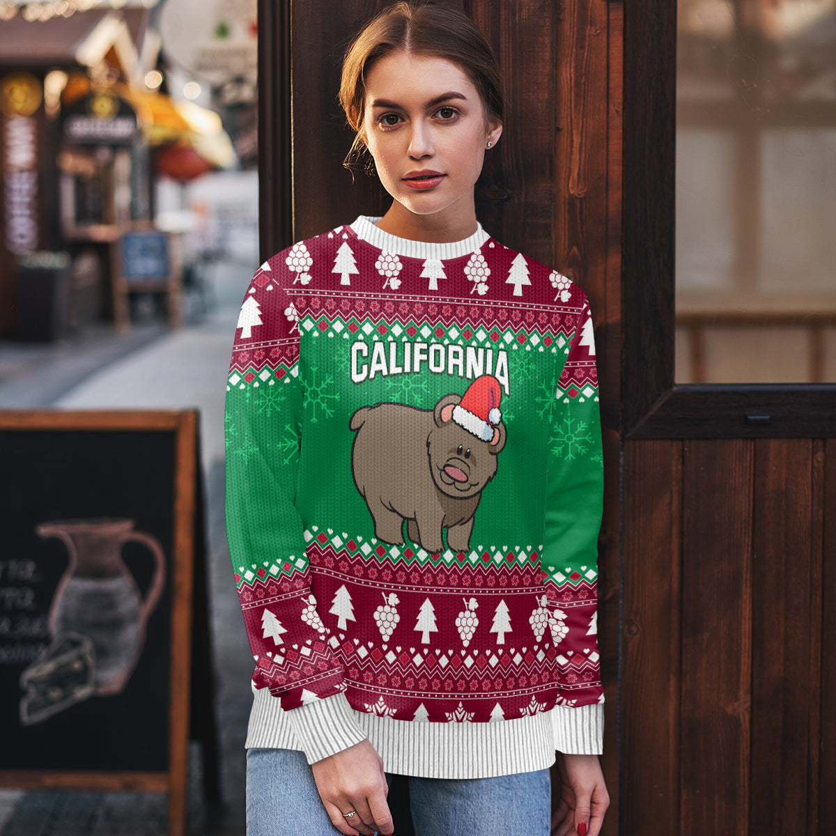 Custom California Christmas Ugly Christmas Sweater Santa Grizzly Bear With Grape - Wonder Print Shop