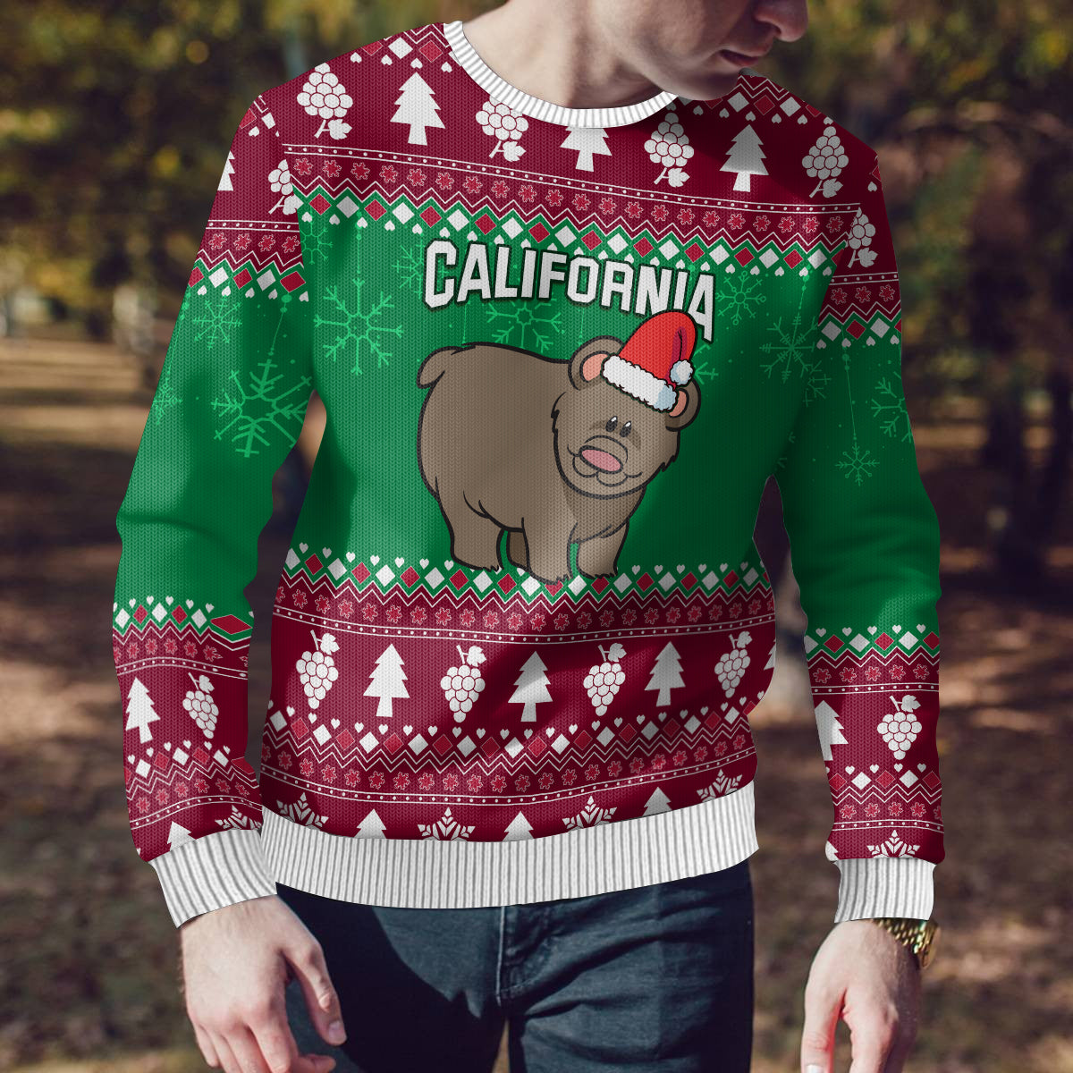 Custom California Christmas Ugly Christmas Sweater Santa Grizzly Bear With Grape - Wonder Print Shop