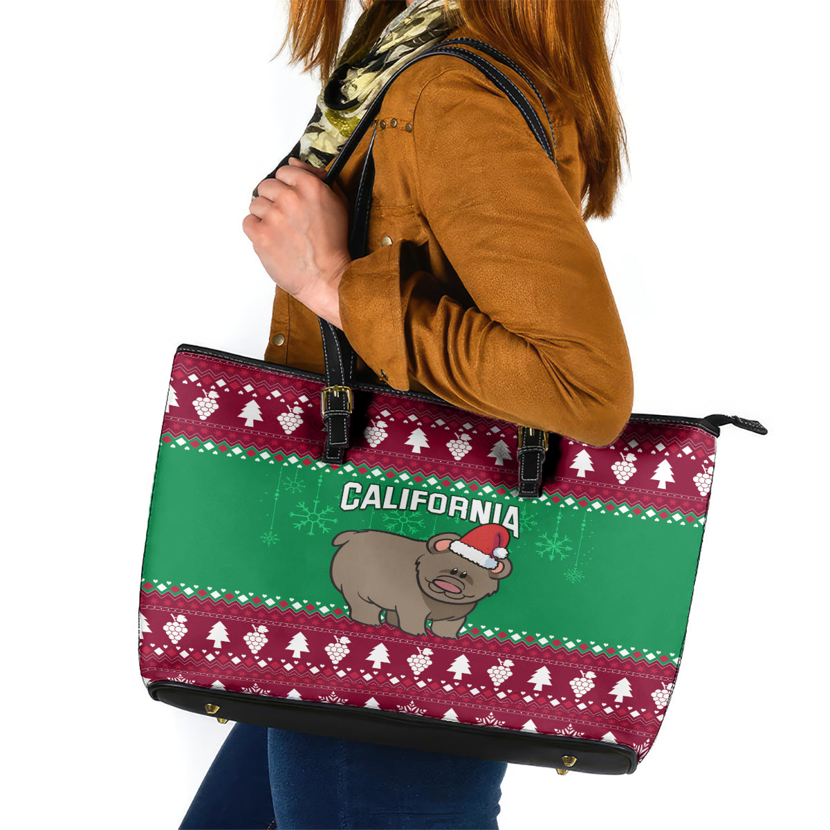 Custom California Christmas Leather Tote Bag Santa Grizzly Bear With Grape - Wonder Print Shop