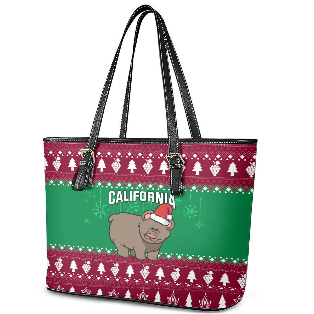 Custom California Christmas Leather Tote Bag Santa Grizzly Bear With Grape - Wonder Print Shop