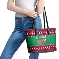 Custom California Christmas Leather Tote Bag Santa Grizzly Bear With Grape - Wonder Print Shop