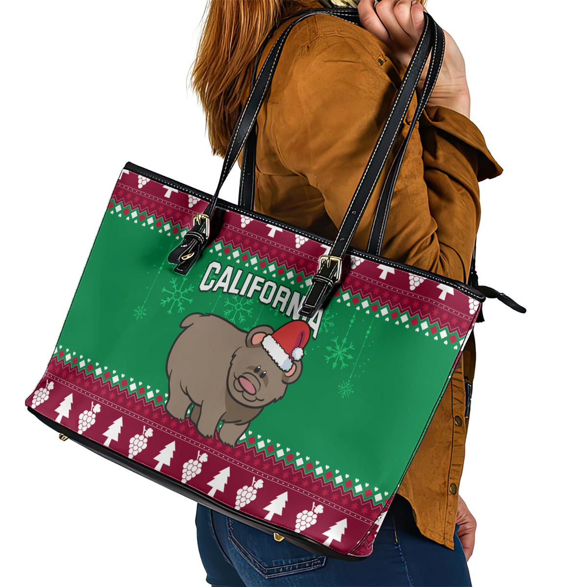 Custom California Christmas Leather Tote Bag Santa Grizzly Bear With Grape - Wonder Print Shop