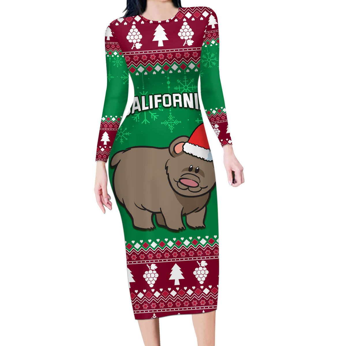 Custom California Christmas Long Sleeve Bodycon Dress Santa Grizzly Bear With Grape - Wonder Print Shop