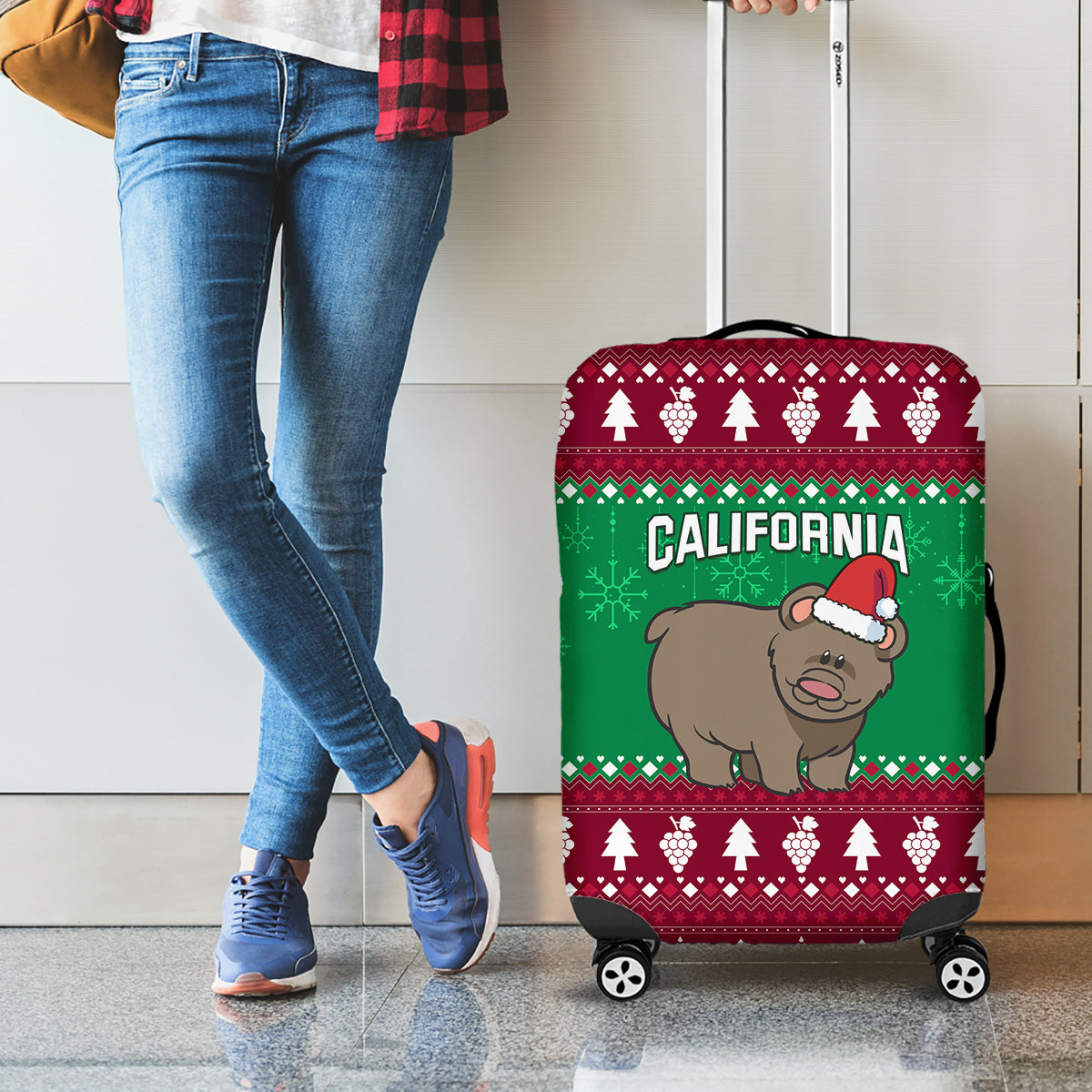Custom California Christmas Luggage Cover Santa Grizzly Bear With Grape - Wonder Print Shop