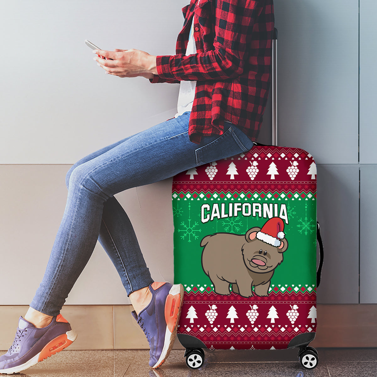 Custom California Christmas Luggage Cover Santa Grizzly Bear With Grape - Wonder Print Shop