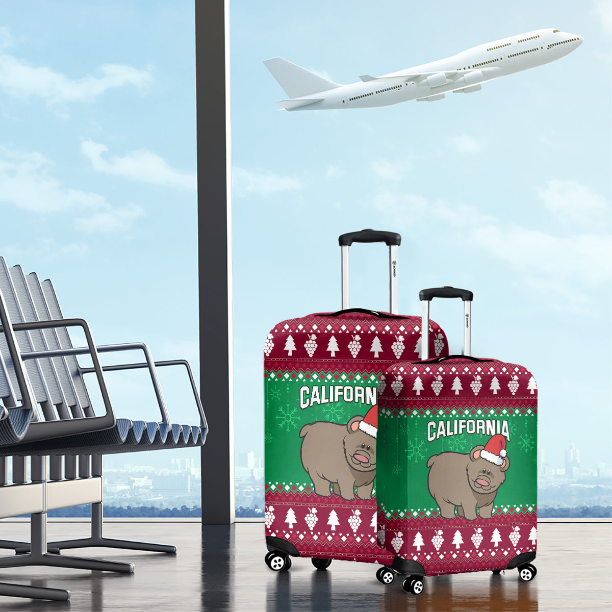 Custom California Christmas Luggage Cover Santa Grizzly Bear With Grape - Wonder Print Shop