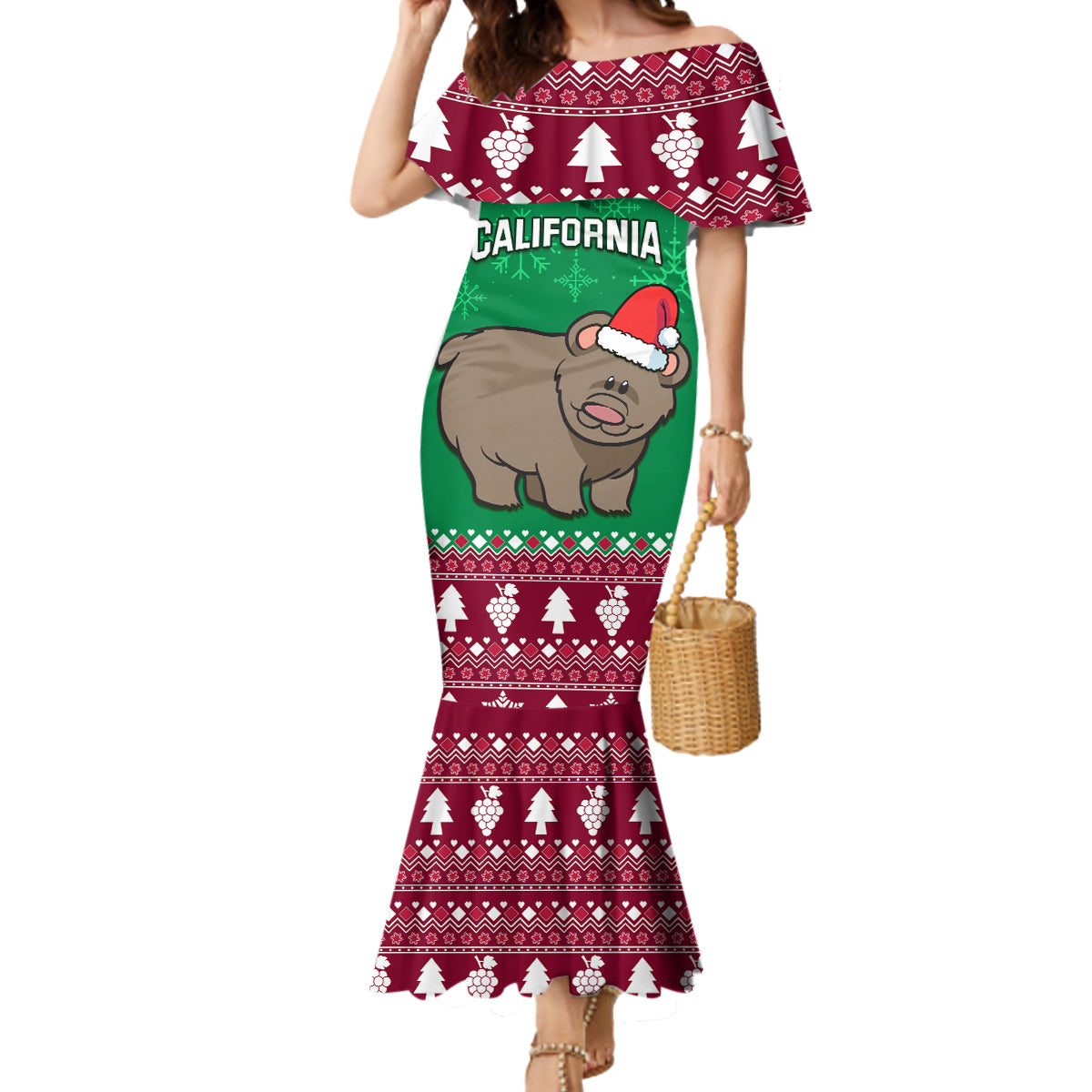 Custom California Christmas Mermaid Dress Santa Grizzly Bear With Grape - Wonder Print Shop