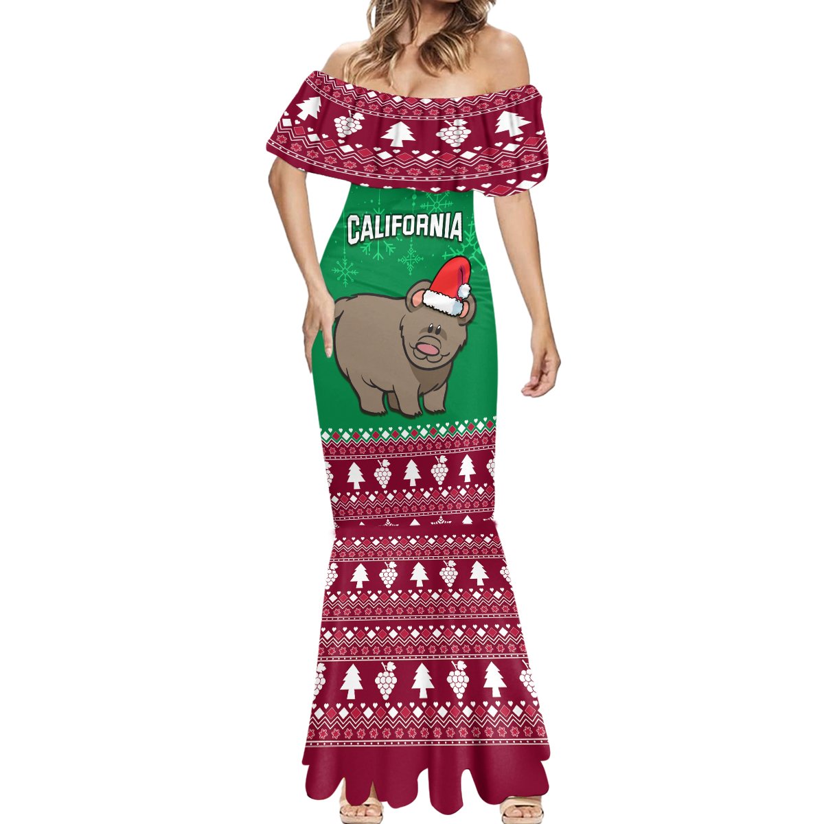 Custom California Christmas Mermaid Dress Santa Grizzly Bear With Grape - Wonder Print Shop