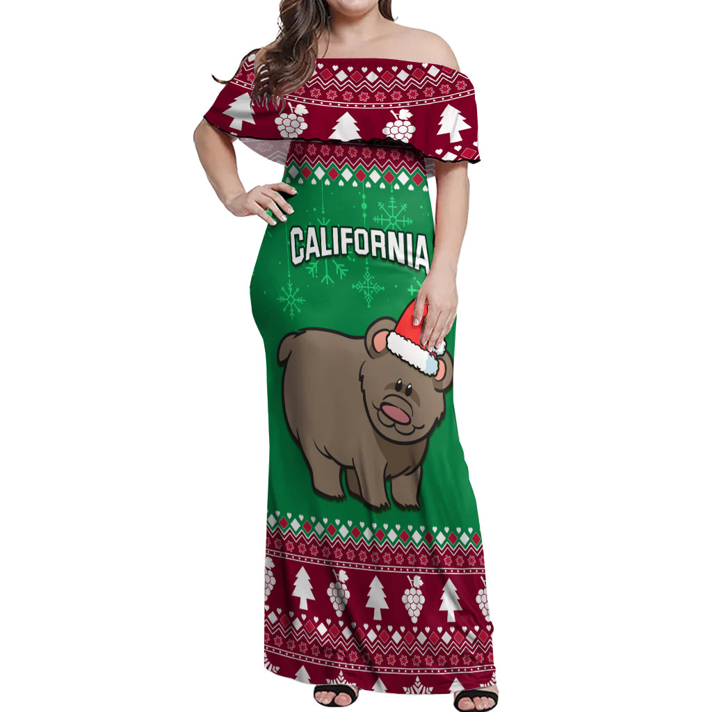 Custom California Christmas Off Shoulder Maxi Dress Santa Grizzly Bear With Grape - Wonder Print Shop