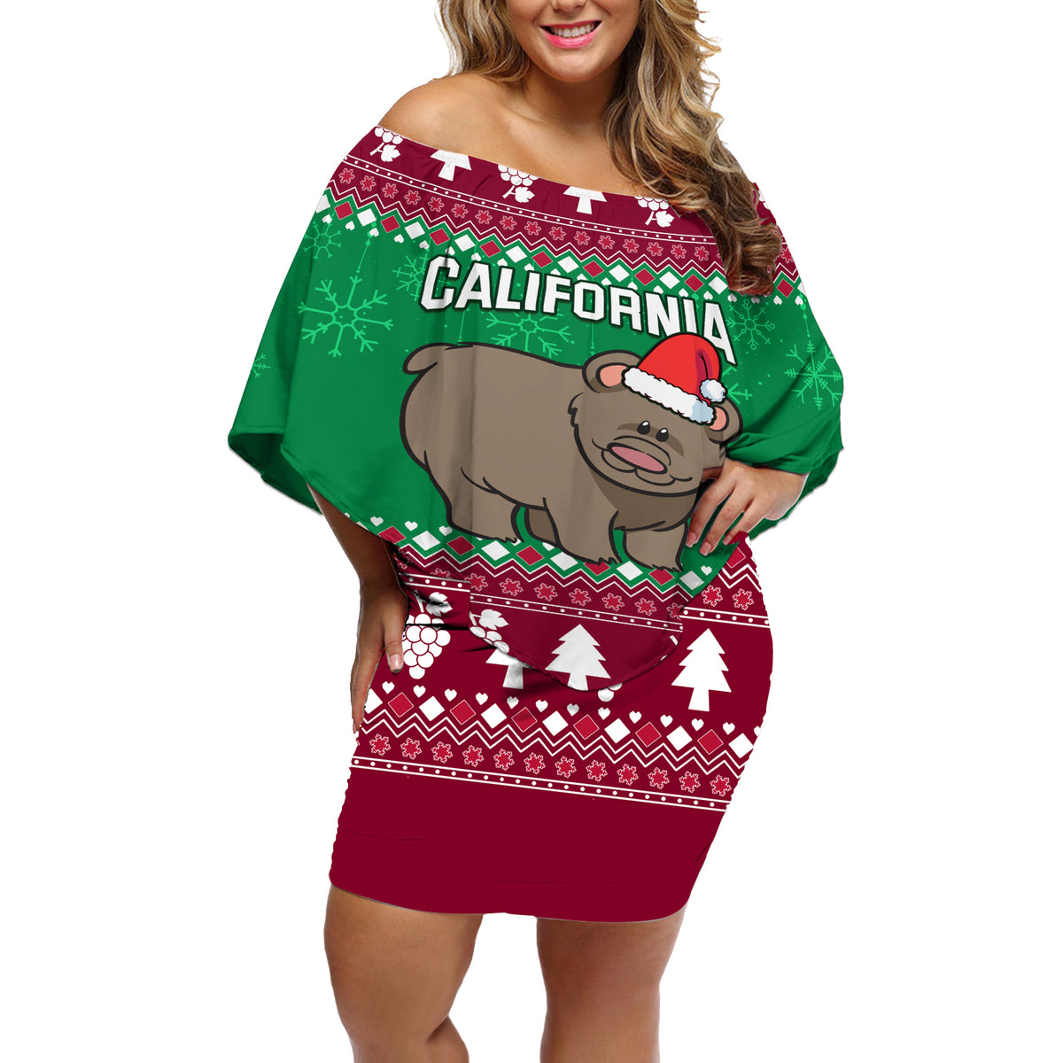 Custom California Christmas Off Shoulder Short Dress Santa Grizzly Bear With Grape - Wonder Print Shop