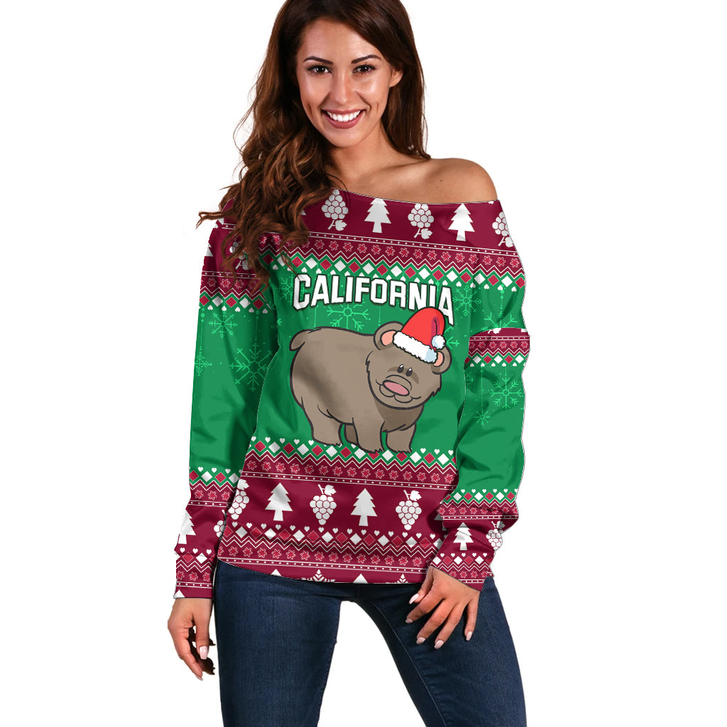 Custom California Christmas Off Shoulder Sweater Santa Grizzly Bear With Grape - Wonder Print Shop