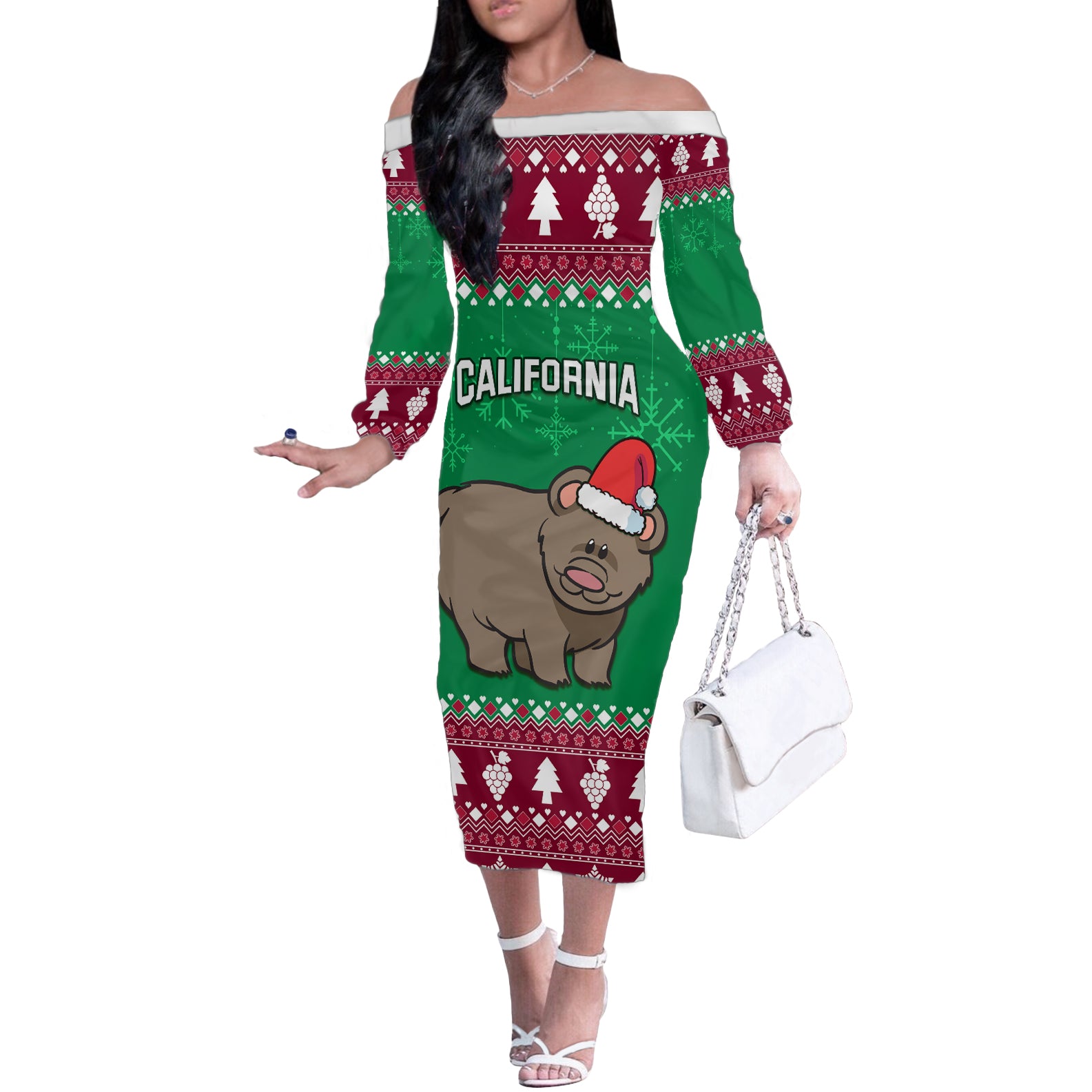 Custom California Christmas Off The Shoulder Long Sleeve Dress Santa Grizzly Bear With Grape - Wonder Print Shop