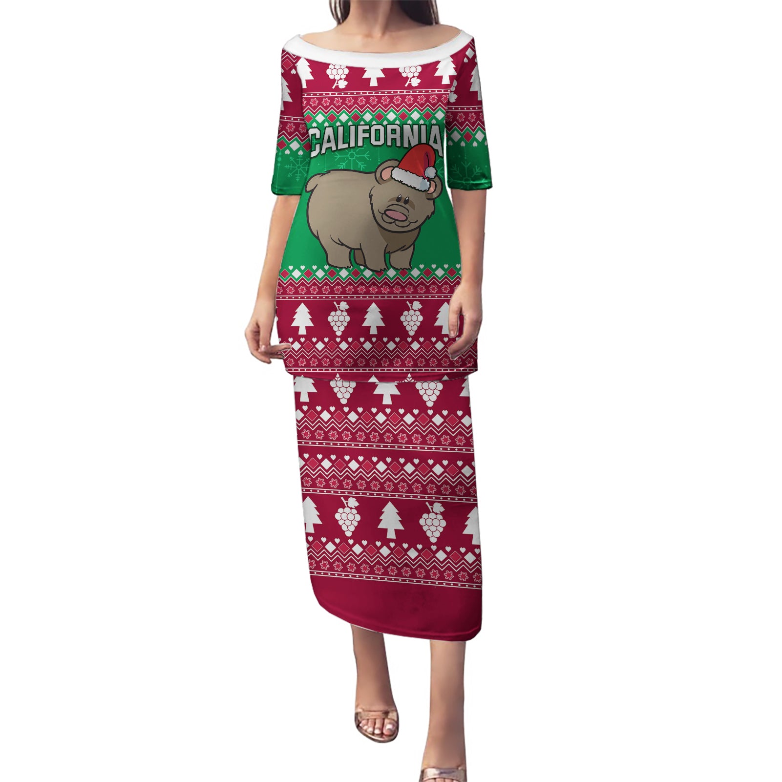 Custom California Christmas Puletasi Santa Grizzly Bear With Grape - Wonder Print Shop