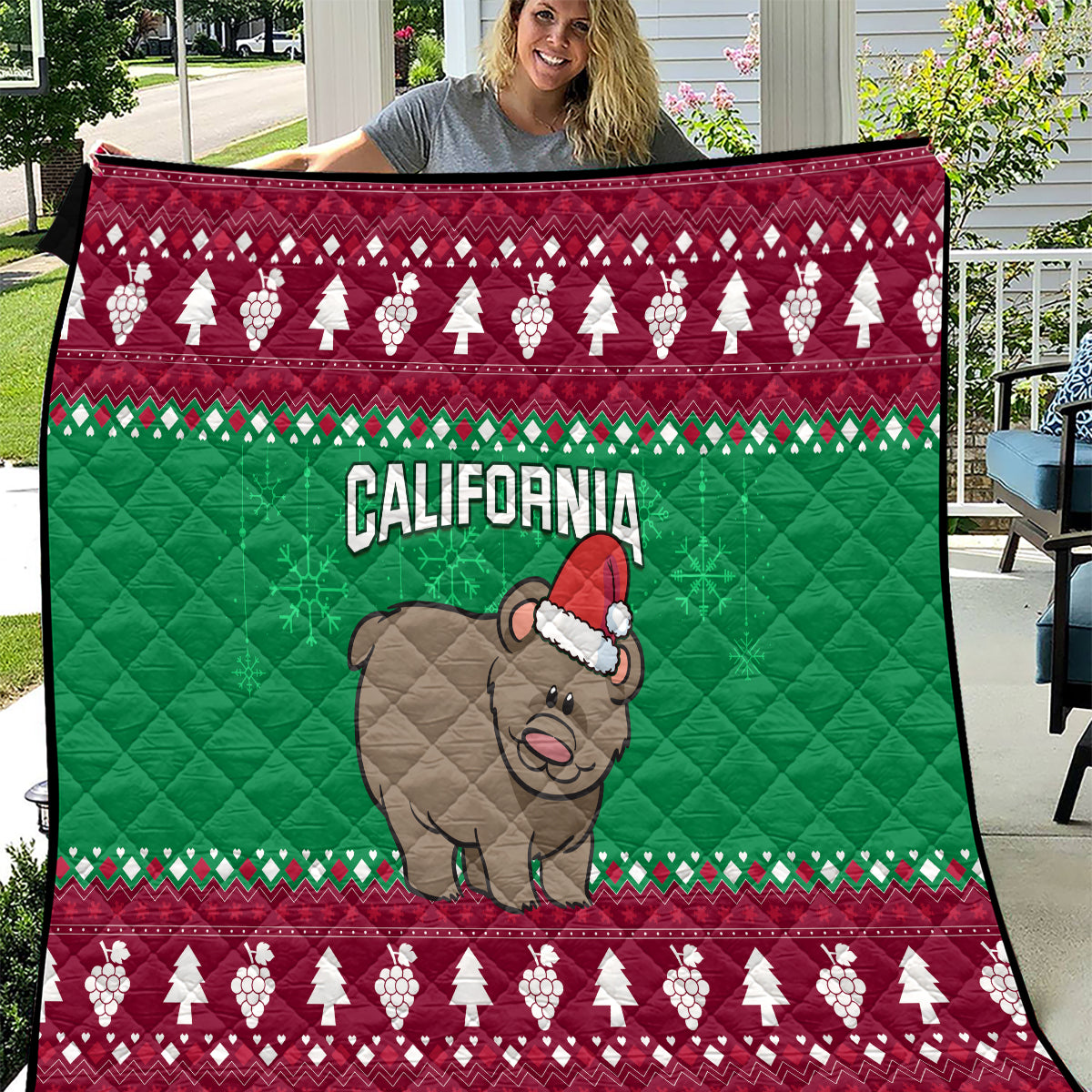 Custom California Christmas Quilt Santa Grizzly Bear With Grape - Wonder Print Shop