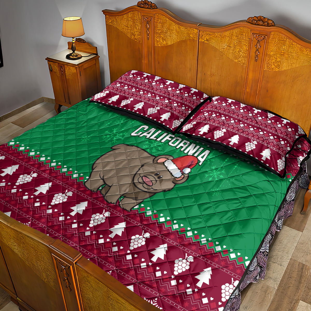 Custom California Christmas Quilt Bed Set Santa Grizzly Bear With Grape - Wonder Print Shop