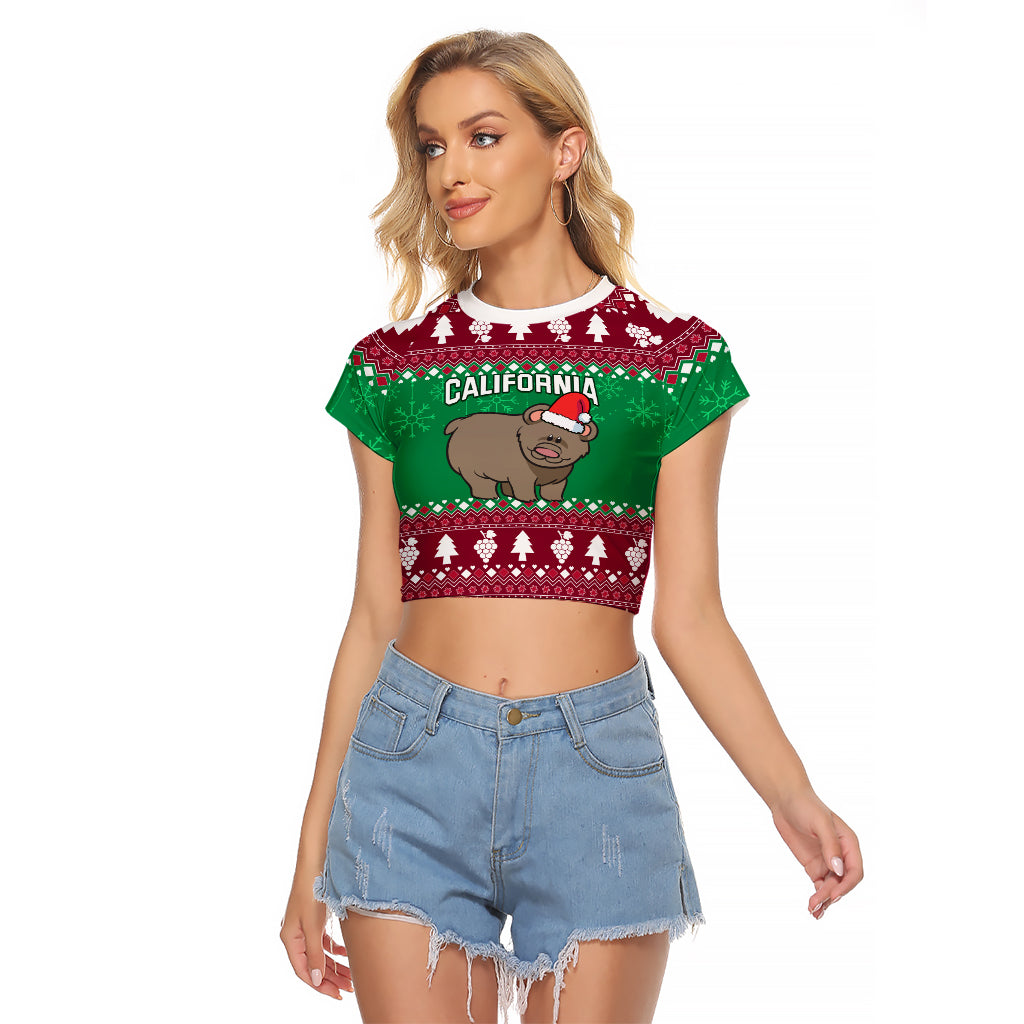 Custom California Christmas Raglan Cropped T Shirt Santa Grizzly Bear With Grape - Wonder Print Shop