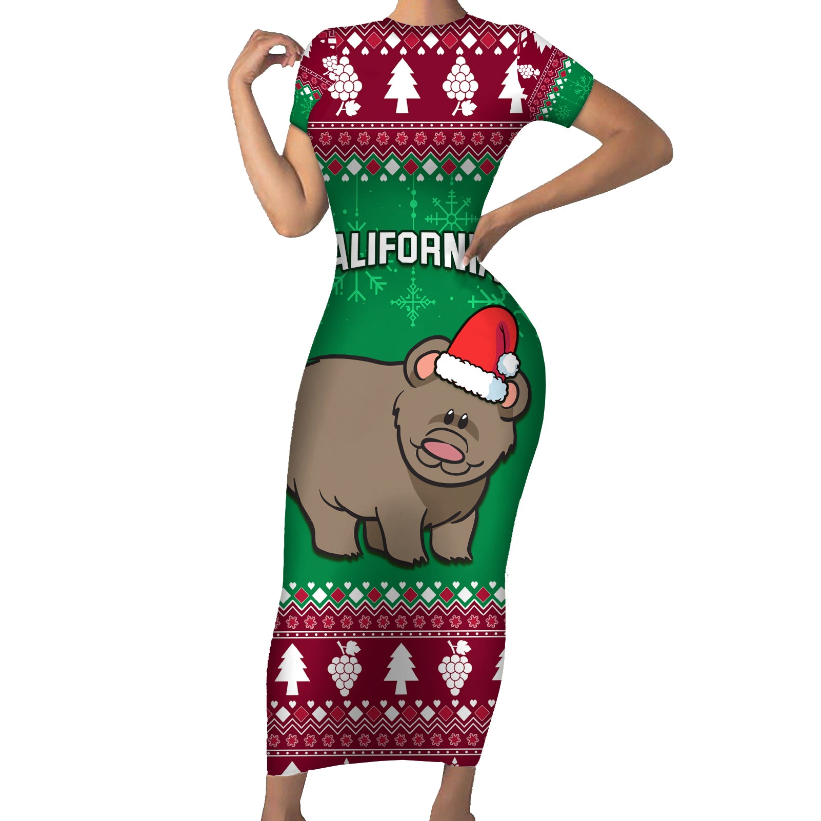 Custom California Christmas Short Sleeve Bodycon Dress Santa Grizzly Bear With Grape - Wonder Print Shop