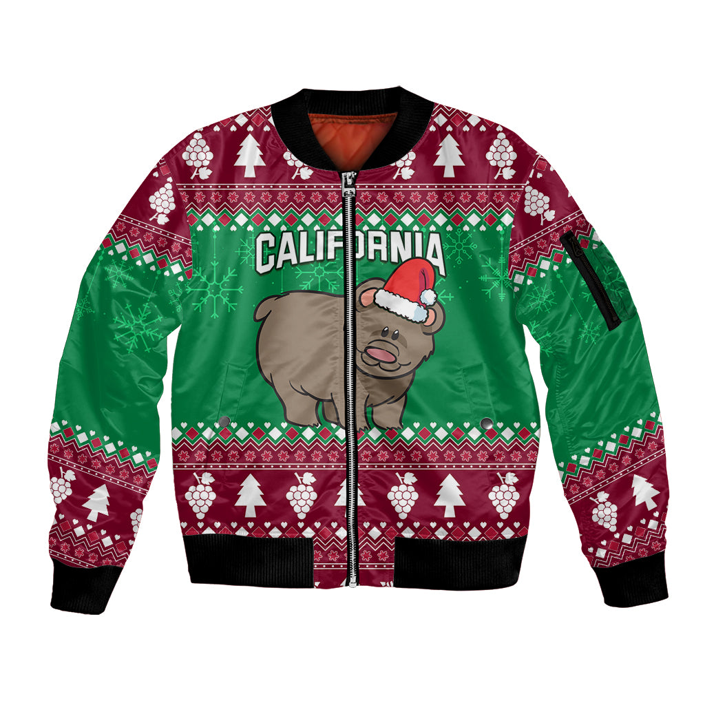 Custom California Christmas Sleeve Zip Bomber Jacket Santa Grizzly Bear With Grape - Wonder Print Shop