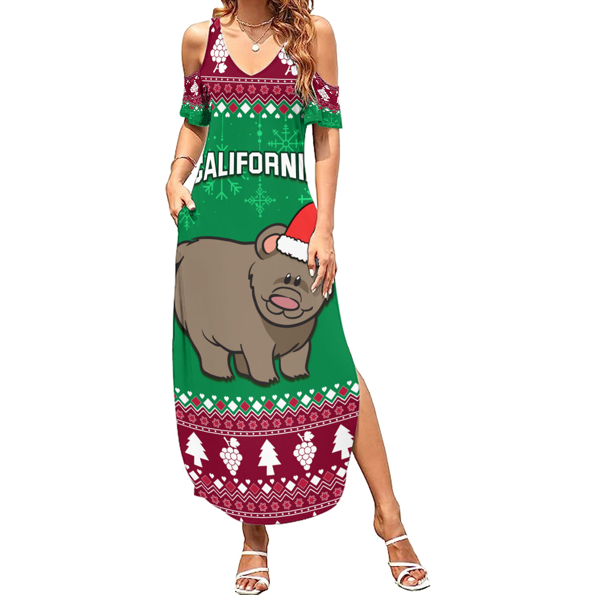 Custom California Christmas Summer Maxi Dress Santa Grizzly Bear With Grape - Wonder Print Shop