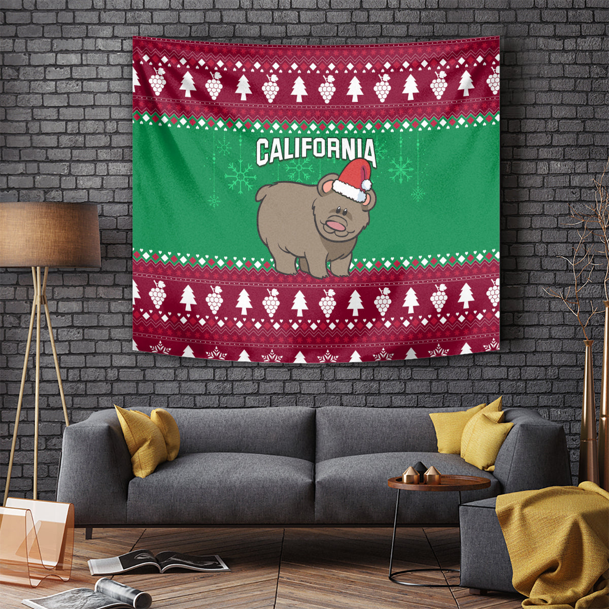 Custom California Christmas Tapestry Santa Grizzly Bear With Grape - Wonder Print Shop