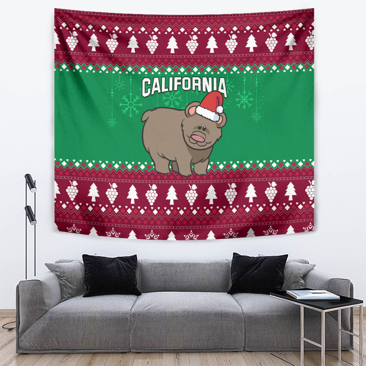 Custom California Christmas Tapestry Santa Grizzly Bear With Grape - Wonder Print Shop