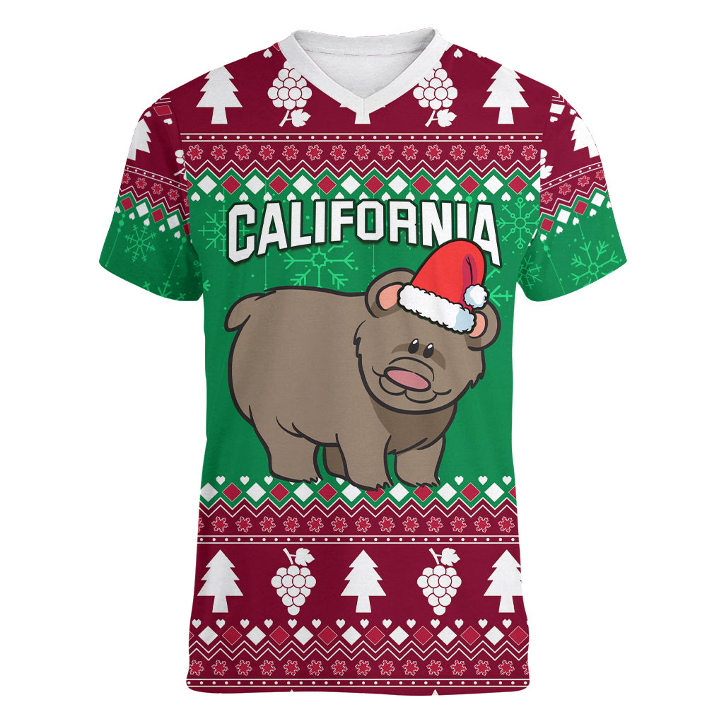 Custom California Christmas Women V Neck T Shirt Santa Grizzly Bear With Grape - Wonder Print Shop