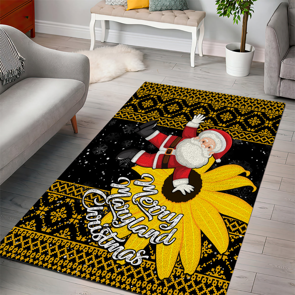 Maryland Christmas Area Rug Santa Claus With Black Eyed Susan Flower - Wonder Print Shop