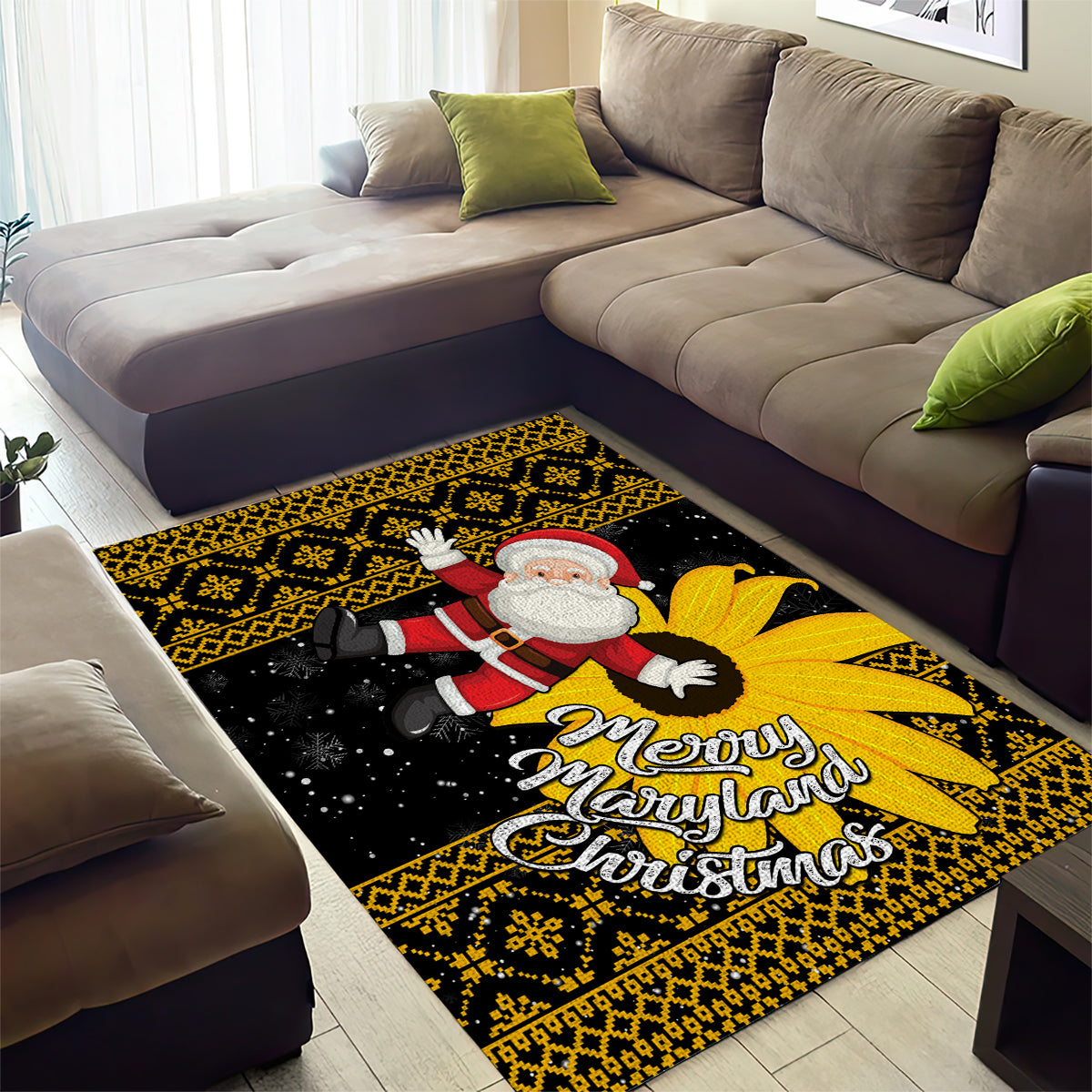 Maryland Christmas Area Rug Santa Claus With Black Eyed Susan Flower - Wonder Print Shop