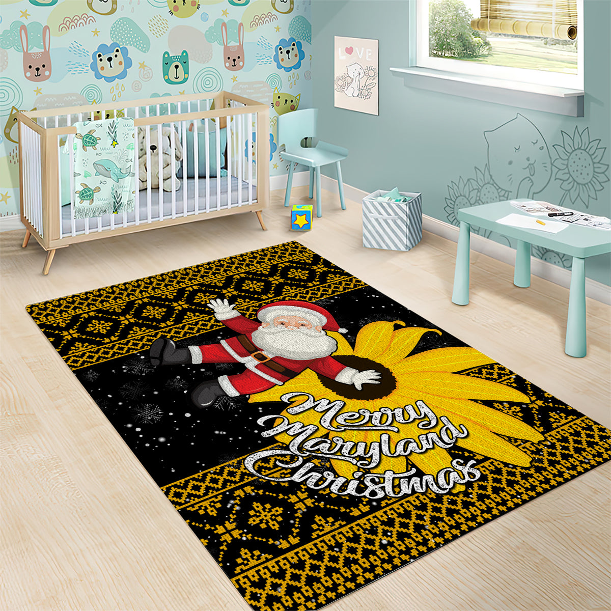 Maryland Christmas Area Rug Santa Claus With Black Eyed Susan Flower - Wonder Print Shop