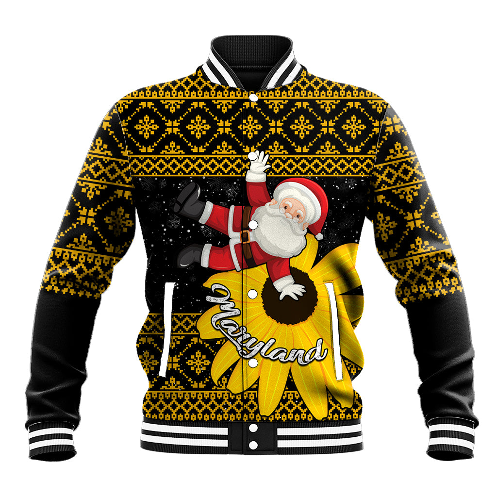 Maryland Christmas Baseball Jacket Santa Claus With Black Eyed Susan Flower - Wonder Print Shop