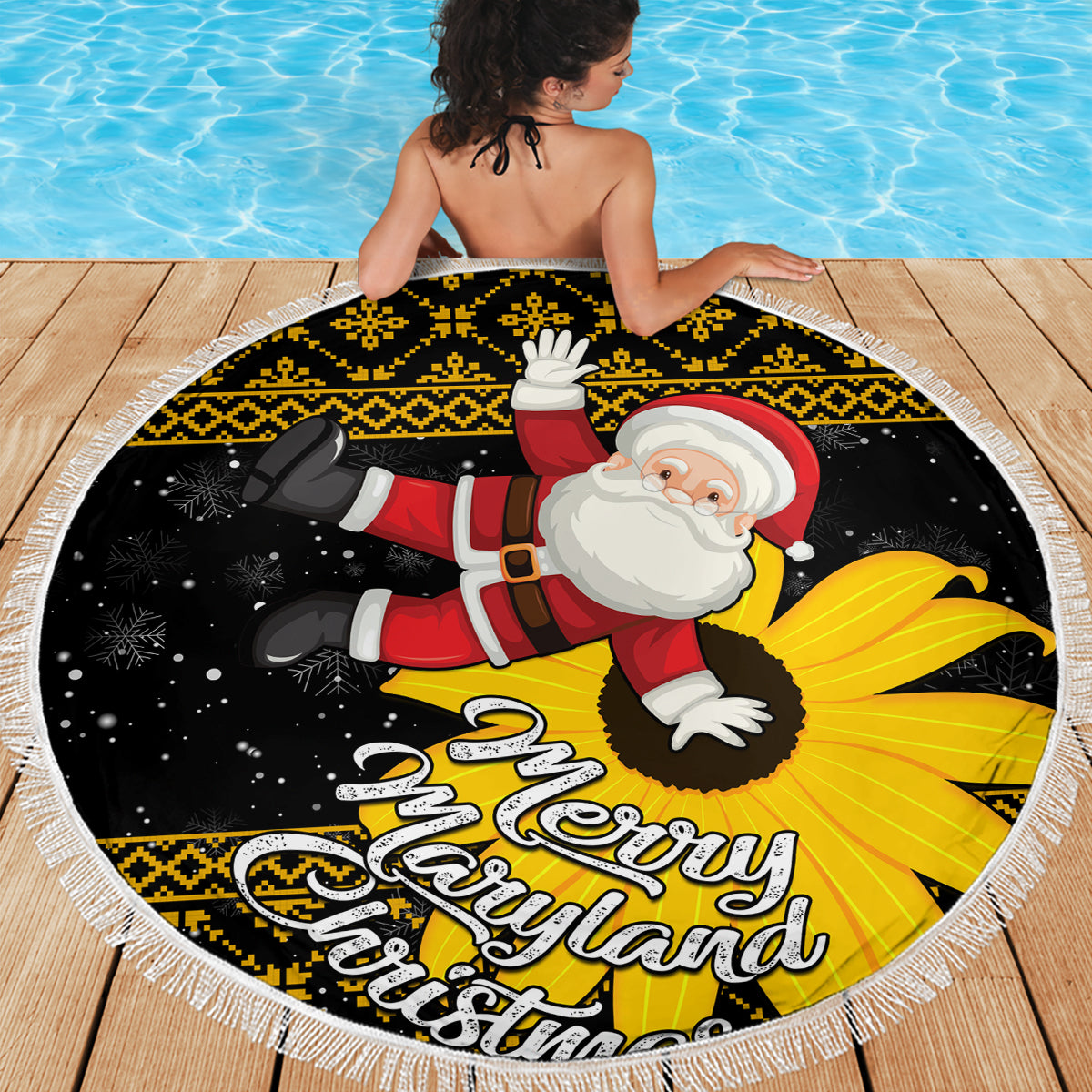 Maryland Christmas Beach Blanket Santa Claus With Black Eyed Susan Flower - Wonder Print Shop