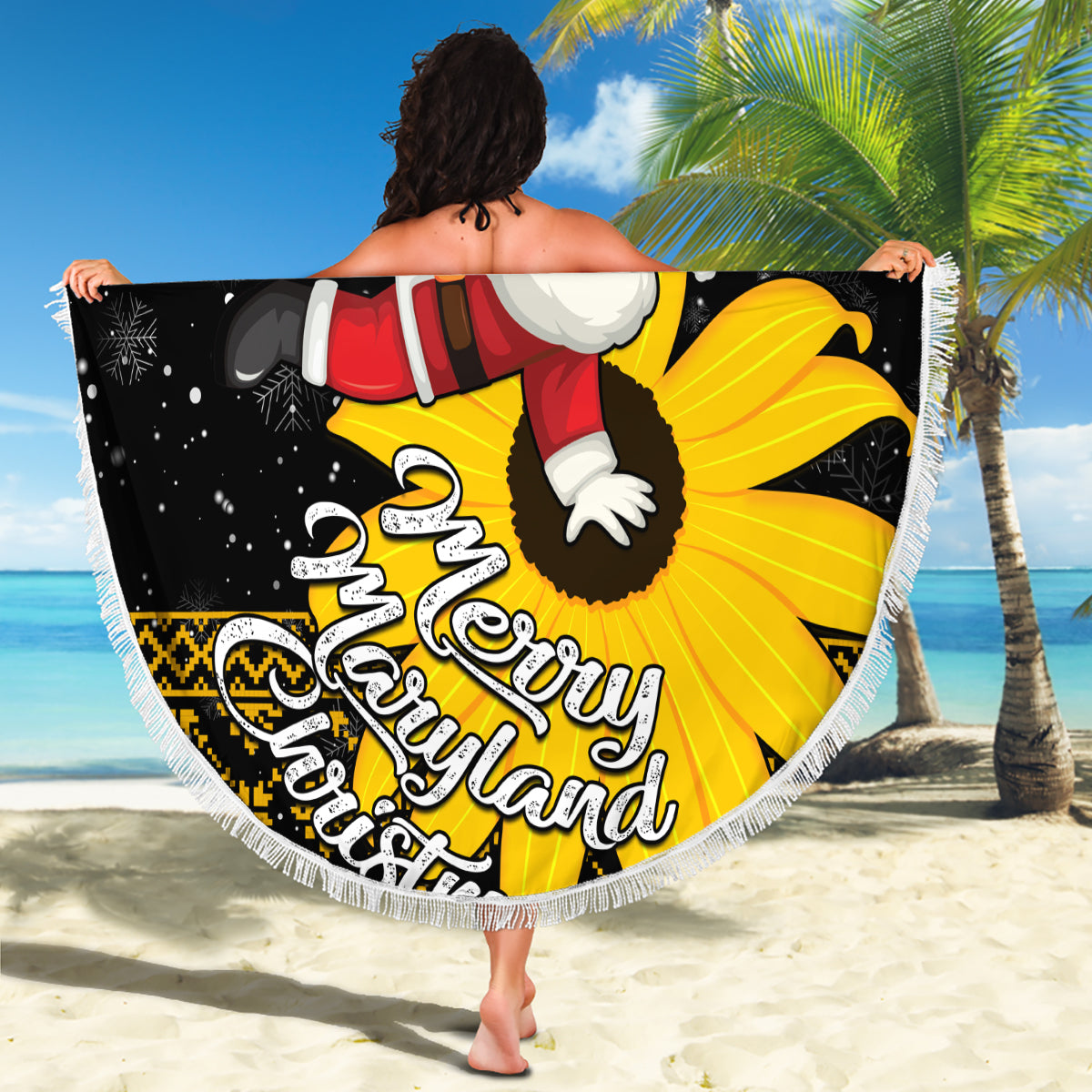 Maryland Christmas Beach Blanket Santa Claus With Black Eyed Susan Flower - Wonder Print Shop