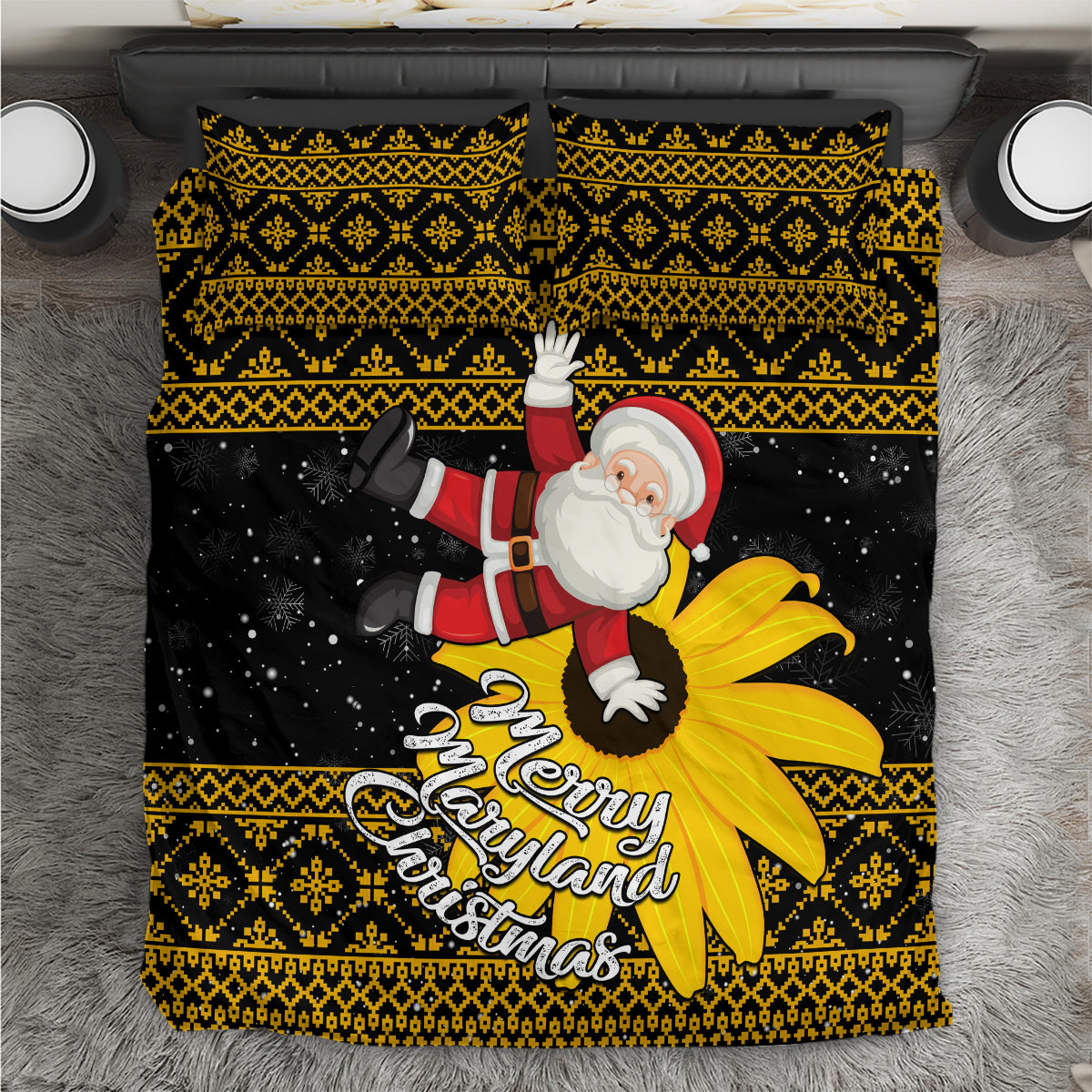 Maryland Christmas Bedding Set Santa Claus With Black Eyed Susan Flower - Wonder Print Shop