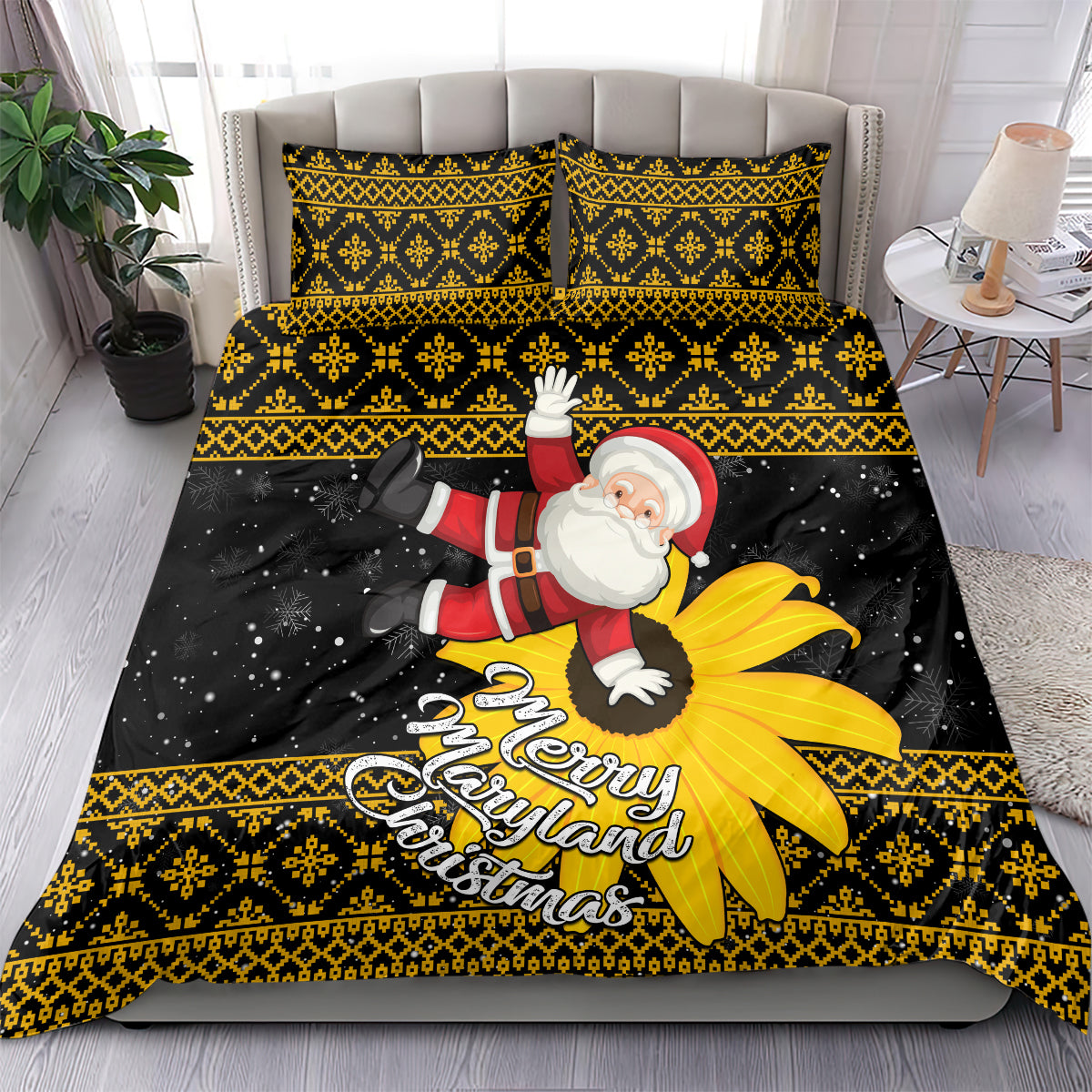 Maryland Christmas Bedding Set Santa Claus With Black Eyed Susan Flower - Wonder Print Shop