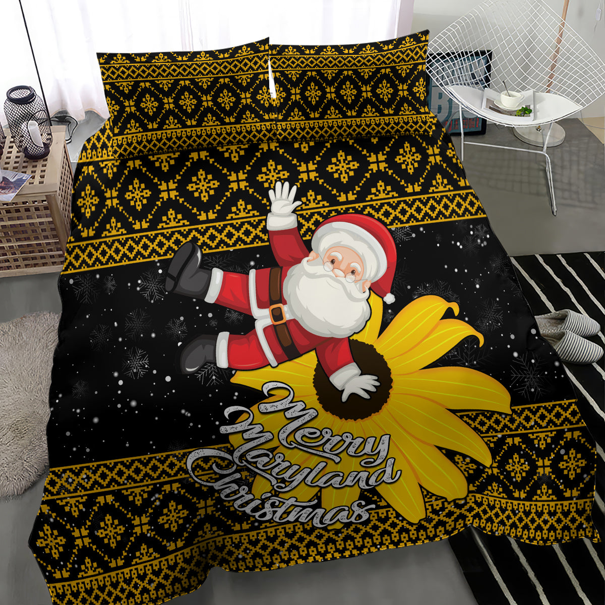 Maryland Christmas Bedding Set Santa Claus With Black Eyed Susan Flower - Wonder Print Shop