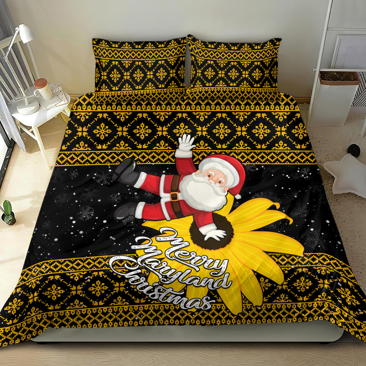 Maryland Christmas Bedding Set Santa Claus With Black Eyed Susan Flower - Wonder Print Shop