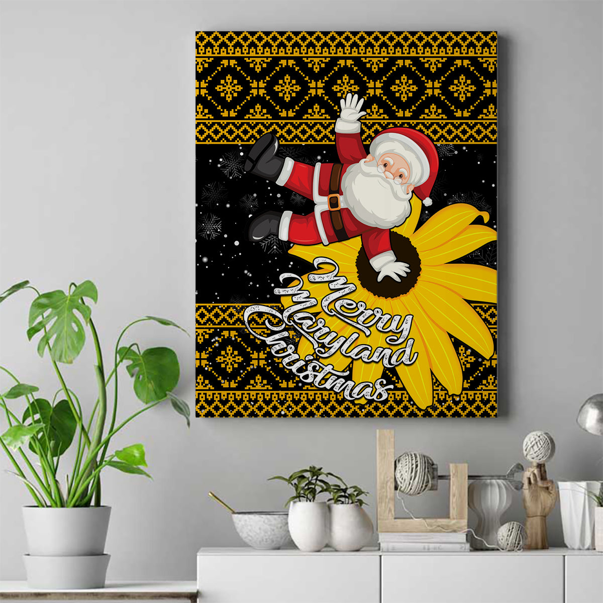 Maryland Christmas Canvas Wall Art Santa Claus With Black Eyed Susan Flower - Wonder Print Shop