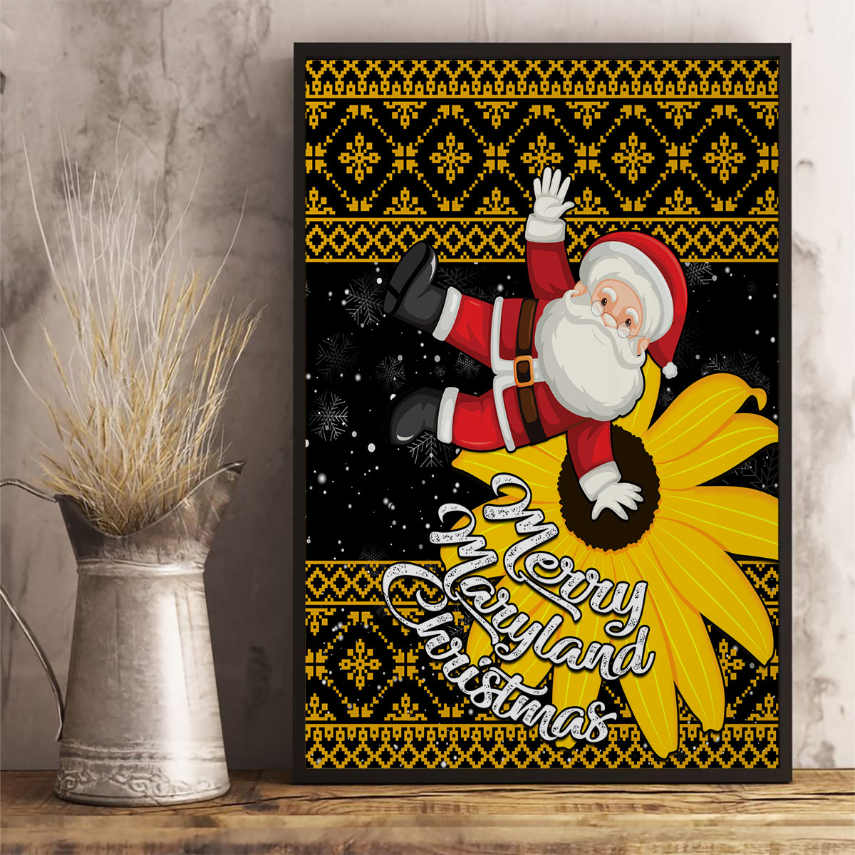 Maryland Christmas Canvas Wall Art Santa Claus With Black Eyed Susan Flower - Wonder Print Shop