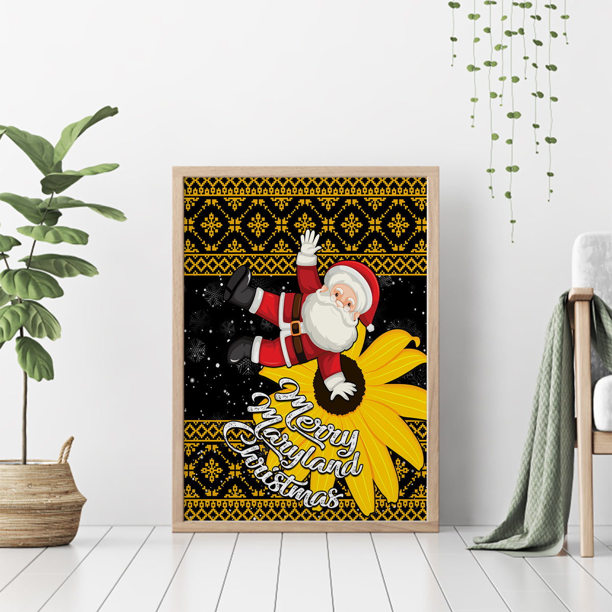 Maryland Christmas Canvas Wall Art Santa Claus With Black Eyed Susan Flower - Wonder Print Shop