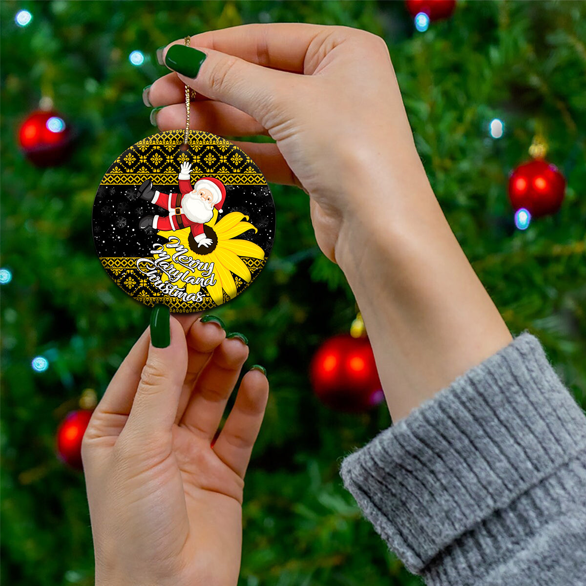 Maryland Christmas Ceramic Ornament Santa Claus With Black Eyed Susan Flower - Wonder Print Shop