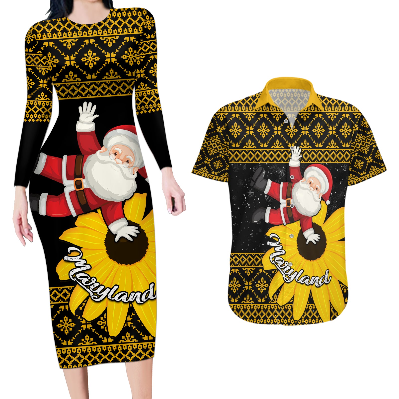 Maryland Christmas Couples Matching Long Sleeve Bodycon Dress and Hawaiian Shirt Santa Claus With Black Eyed Susan Flower - Wonder Print Shop