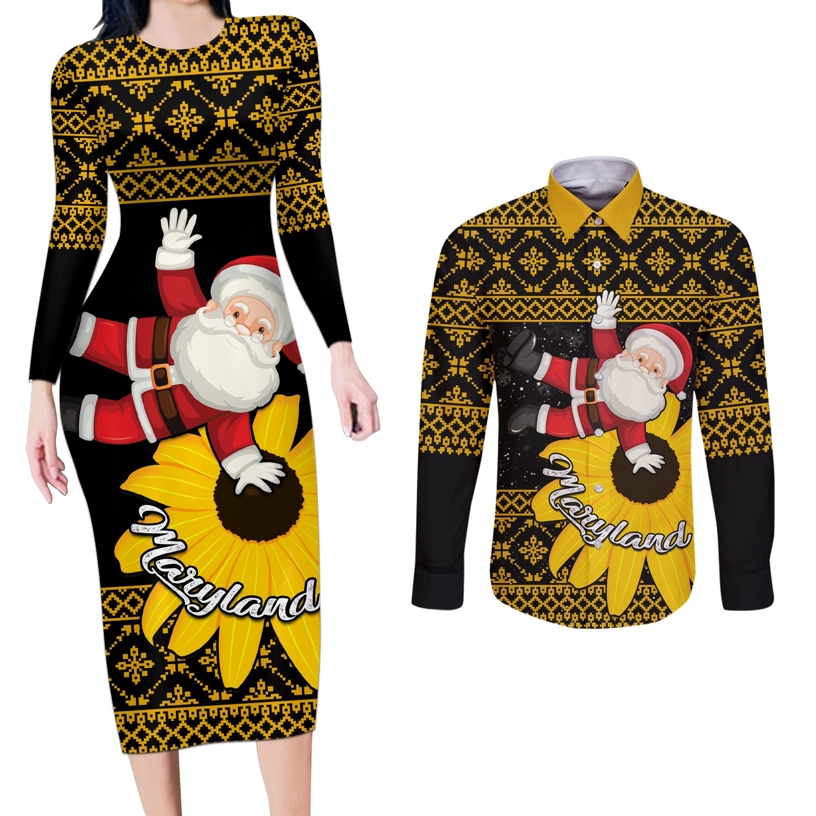 Maryland Christmas Couples Matching Long Sleeve Bodycon Dress and Long Sleeve Button Shirt Santa Claus With Black Eyed Susan Flower - Wonder Print Shop