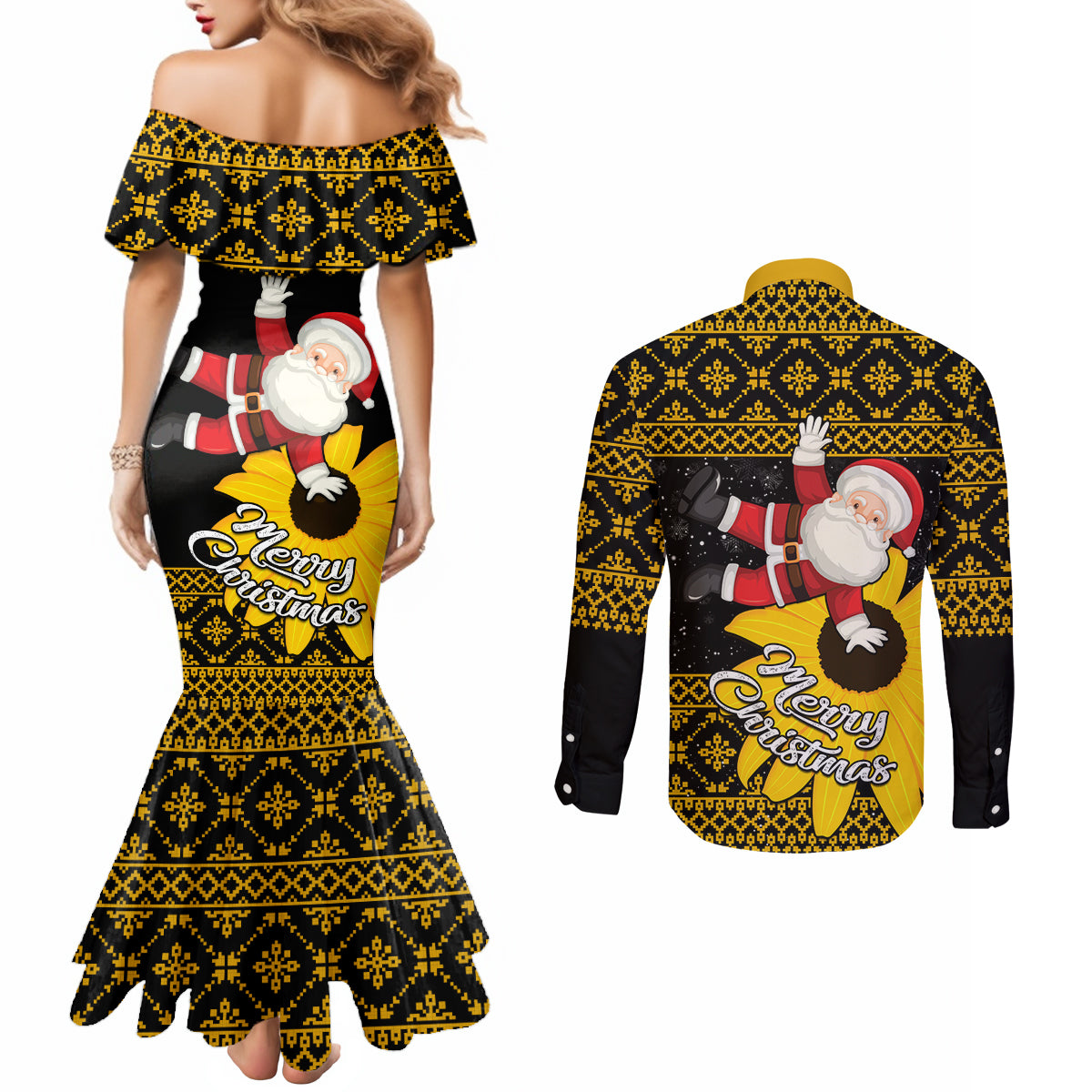 maryland-christmas-couples-matching-mermaid-dress-and-long-sleeve-button-shirt-santa-claus-with-black-eyed-susan-flower