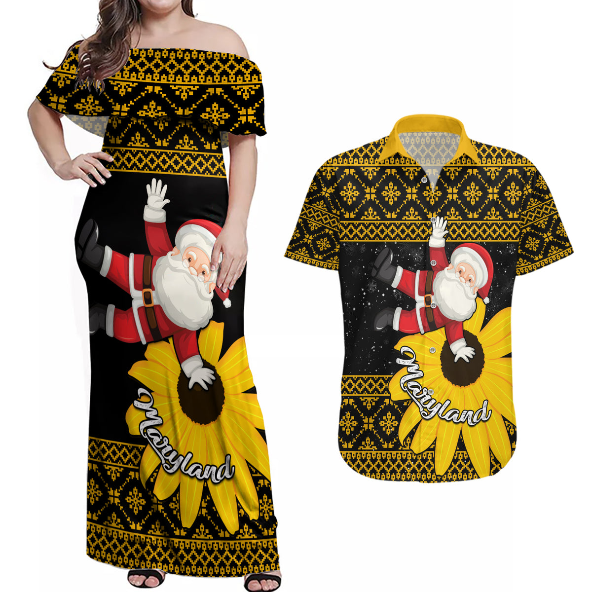 Maryland Christmas Couples Matching Off Shoulder Maxi Dress and Hawaiian Shirt Santa Claus With Black Eyed Susan Flower - Wonder Print Shop