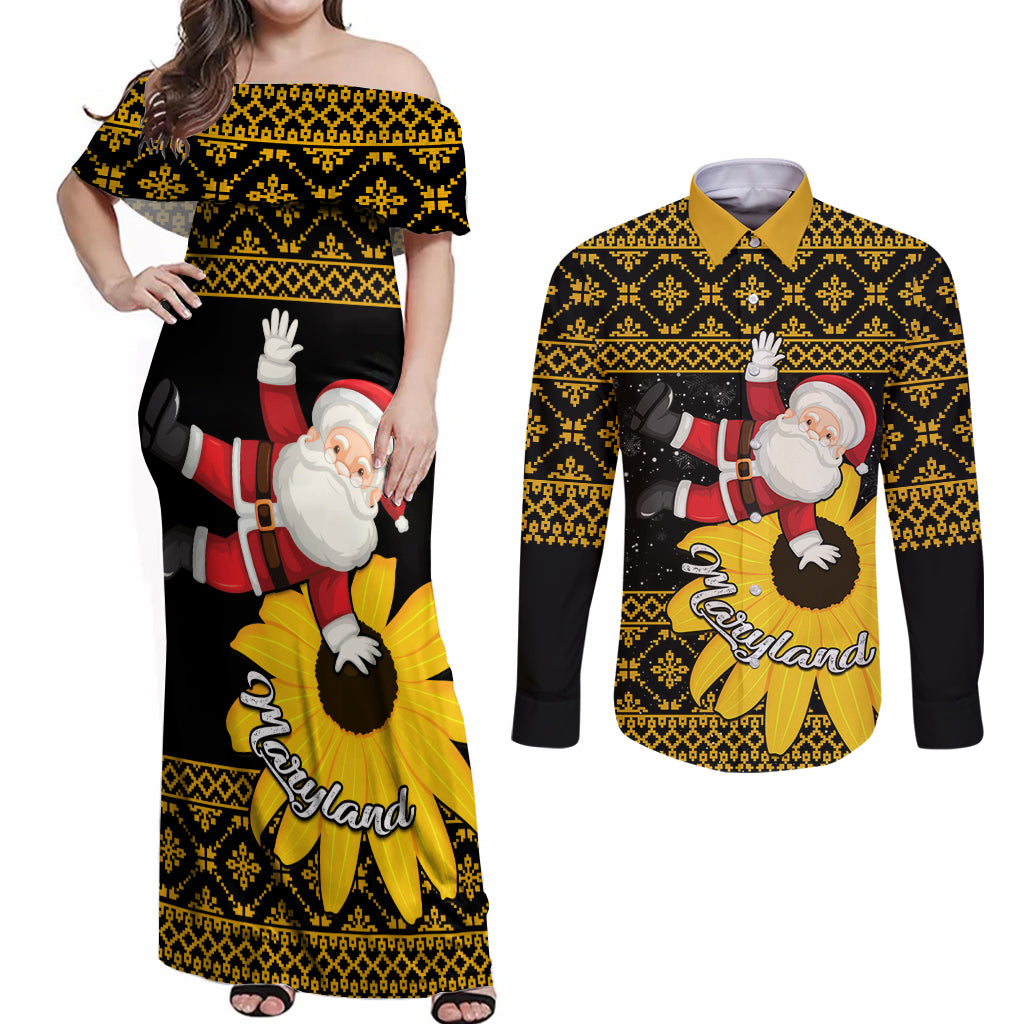 Maryland Christmas Couples Matching Off Shoulder Maxi Dress and Long Sleeve Button Shirt Santa Claus With Black Eyed Susan Flower - Wonder Print Shop