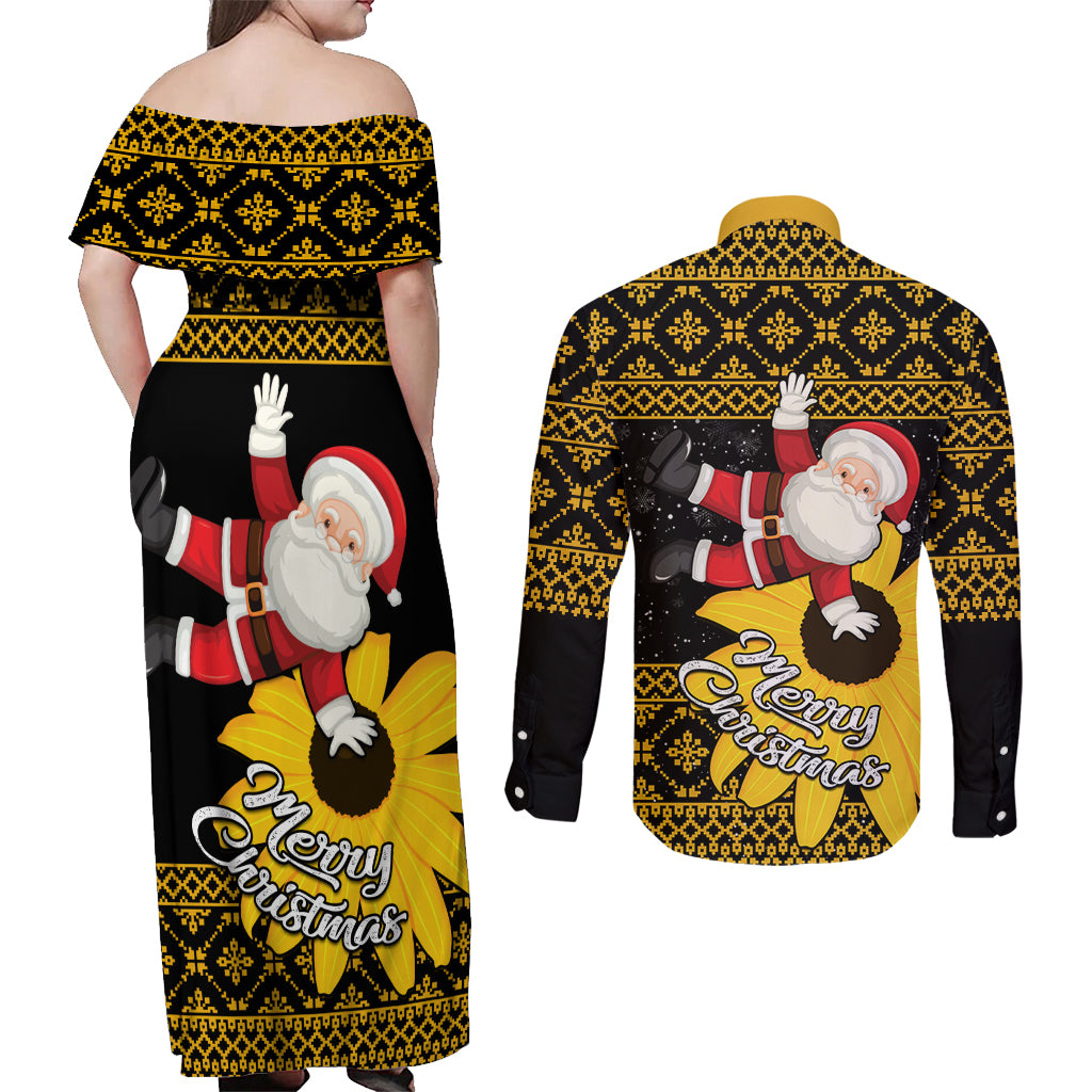 Maryland Christmas Couples Matching Off Shoulder Maxi Dress and Long Sleeve Button Shirt Santa Claus With Black Eyed Susan Flower - Wonder Print Shop